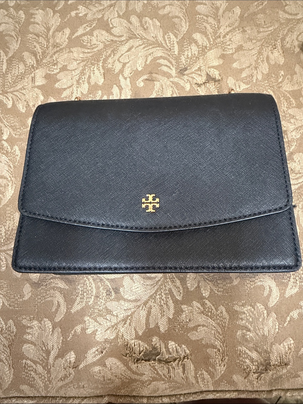 Tory Burch Black Saffiano Leather versatile gold chain and Gold Logo